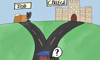 Cartoon of woman in graduation cap choosing between two roads labeled job and college