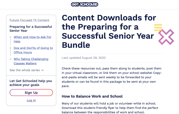Screenshot of Future Focused TX web page with resources for students