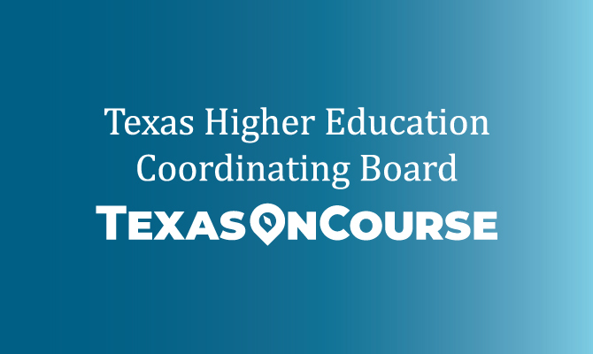 Logos for the Texas Higher Education Coordinating Board and Texas OnCourse on a blue gradient background