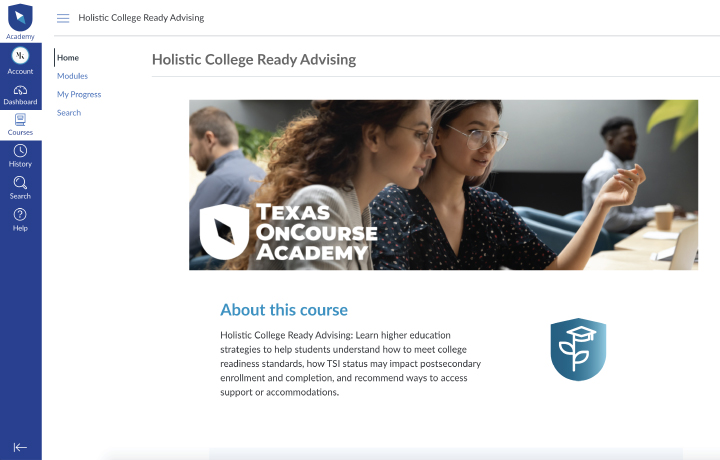 Screenshot of Holistic College Ready Advising course in the Academy