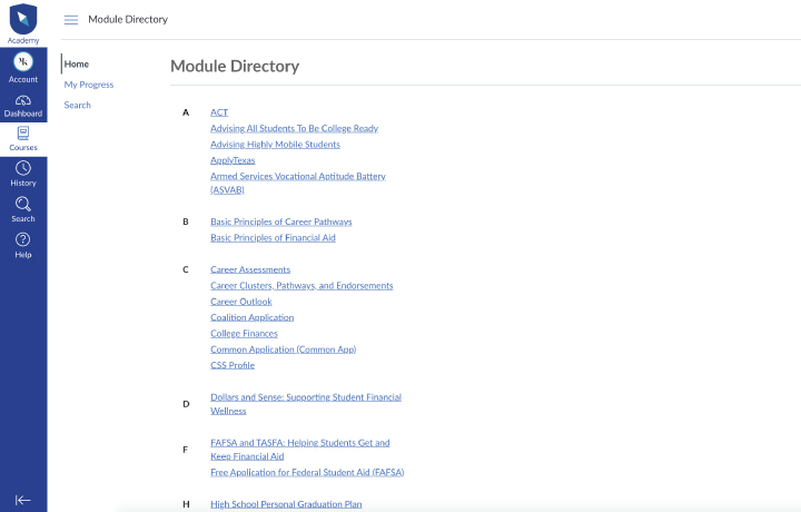Screenshot of module directory in the Academy