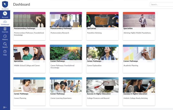 Screenshot of Academy dashboard showing courses for college advisors