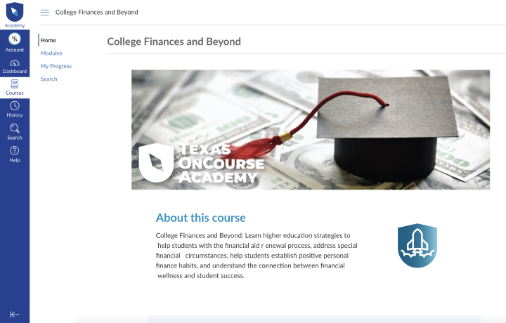 Screenshot of College Finances module in the Academy